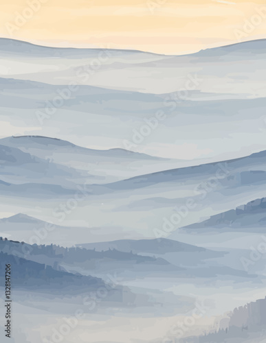 Serene Mountain Landscape Vector Art: Vast Misty Blue Hills, Gentle Sunrise Sky, Peaceful Natural Scenery for Digital Backgrounds and Wall Art Decor