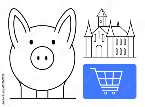 Piggy bank symbolizing saving, a castle hinting at ambitions or investments, and a shopping cart representing e-commerce. Ideal for finance, savings, investment, e-commerce, planning, wealth