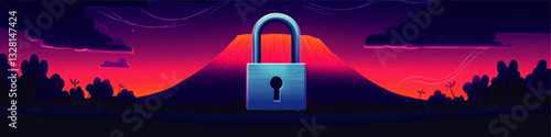 Vibrant Security Concept Vector Art: Blue Lock in Front of Majestic Mountain Landscape at Sunset with Dramatic Silhouettes and Glowing Colors