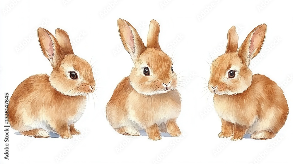 Fototapeta premium Three Adorable Brown Watercolor Rabbits on White Background
