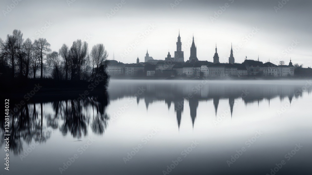 Obraz premium Foggy lake reflection of city skyline at dawn