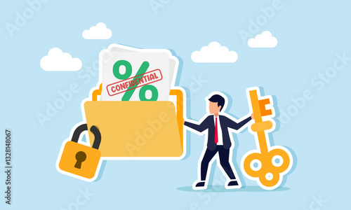 Businessman holds a key stand beside a locked percentage-labeled document folder marked CONFIDENTIAL, illustration of market share or business profit document confidentiality