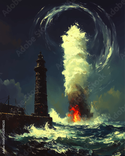 Dramatic Vector Illustration of a Lighthouse Beside Fiery Ocean Storm with Explosive Waves and Swirling Smoke Highlighting Intense Nature Chaos and Maritime Drama