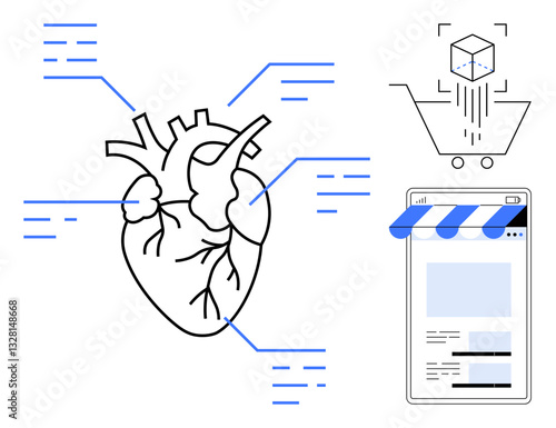 Anatomical heart diagram with data points, online storefront mockup, and cube-shaped item linking technology and health management. Ideal for healthcare, e-commerce, innovation, digitization