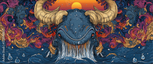 Imaginative Vector Art of Mythical Whale with Horns Amidst Colorful Abstract Waves at Sunset - Surreal Ocean Fantasy with Vibrant Swirling Colors and Unique Design