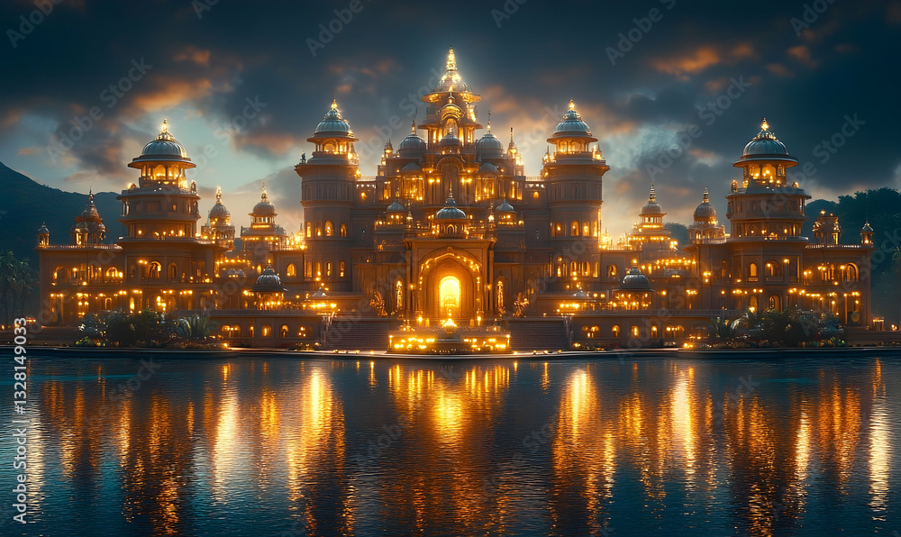 Obraz premium Golden Palace Reflecting on Water at Sunset