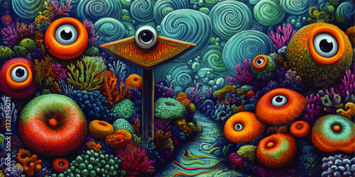 Vibrant Surreal Underwater World with Eye Motif Coral Reefs and Swirling Patterns in Abstract Vector Art - Fantasy Marine Landscape Digital Illustration