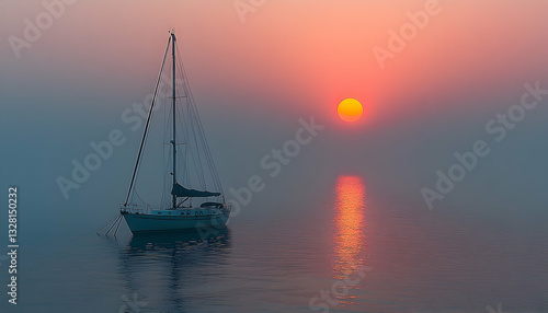 Misty Sunrise Sailboat at Sea