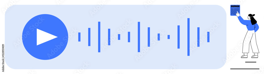 Play button, audio waveform graphic on a blue panel, woman interacting with book. Ideal for technology, podcast, e-learning, entertainment, music streaming user experience. Flat simple metaphor Play button, audio waveform graphic on a blue panel, woman interacting with book. Ideal for technology, podcast, e-learning, entertainment, music streaming user experience. Flat simple metaphor