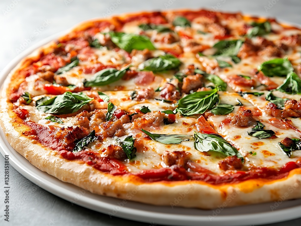 Freshly Baked Pizza with Basil and Melted Cheese Freshly Baked Pizza with Basil and Melted Cheese