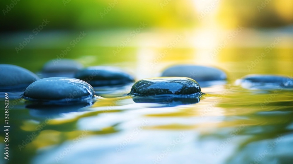 Tranquil zen garden with smooth stones over calm water at sunrise Tranquil zen garden with smooth stones over calm water at sunrise