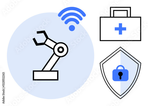 Robotic arm with wireless signal, medical kit, and lock shield. Ideal for healthcare technology, medical robotics, smart healthcare, data security, automation in medicine, IoT in healthcare