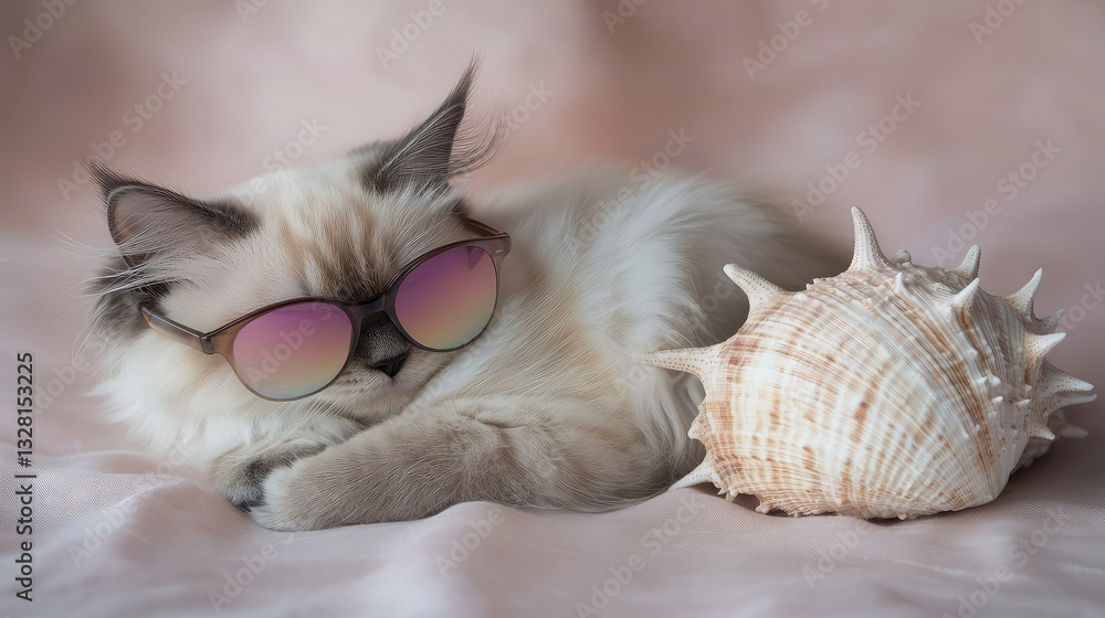 Obraz premium A stylish cat wearing sunglasses relaxes next to a large seashell on a soft, pastel background.