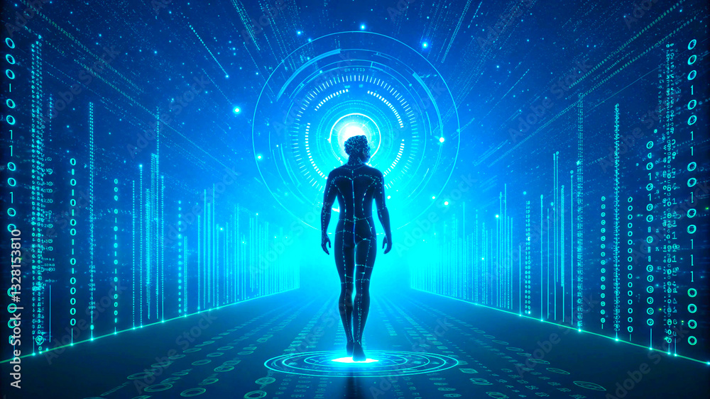 A futuristic digital humanoid walking through a glowing cybernetic data network, surrounded by binary code and light trails A futuristic digital humanoid walking through a glowing cybernetic data network, surrounded by binary code and light trails