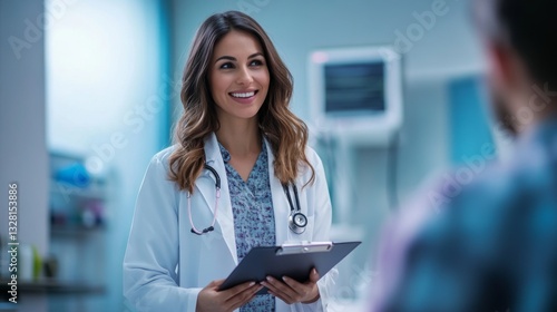 Smiling female doctor holding clipboard in medical office discussing healthcare with patient