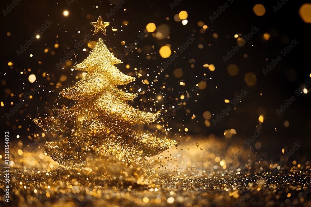 Naklejka premium Sparkling Gold Christmas Tree with Twinkling Star and Festive Glitter, celebration and glittering wallpaper