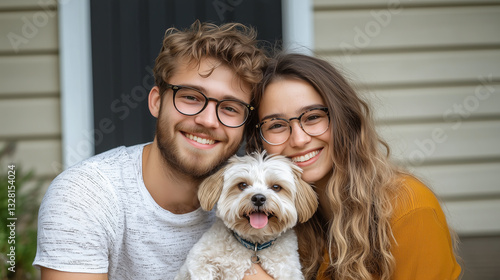 Young couple embraces their dog in front of home, radiating joy and affection as they celebrate family togetherness with their beloved pet
