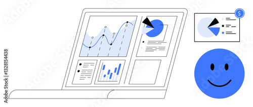 Laptop screen displaying charts, graphs, and reports alongside a happy face symbolizing success. Ideal for analytics, business, progress, growth, finance, technology user satisfaction flat simple