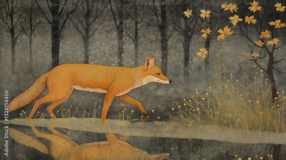 Fototapeta premium Autumn Fox Walks Misty Forest Stream