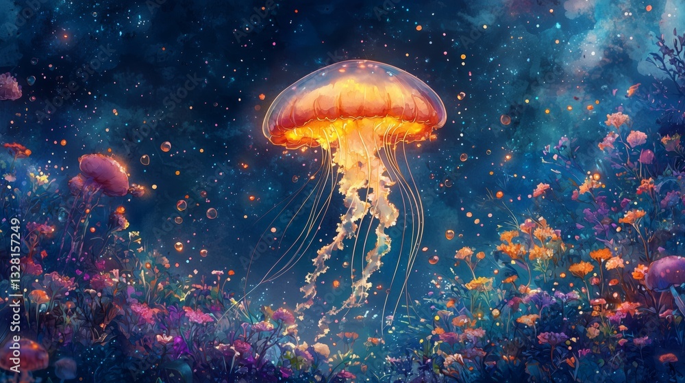 Vibrant jellyfish swims through a mystical underwater garden filled with colorful flowers and twinkling lights at twilight Vibrant jellyfish swims through a mystical underwater garden filled with colorful flowers and twinkling lights at twilight