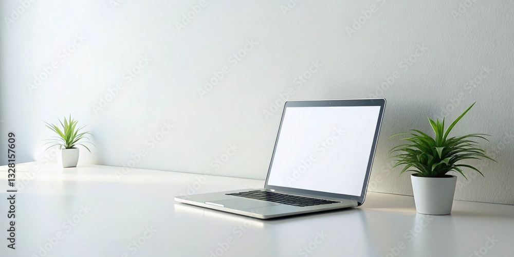 Fototapeta premium Minimalist White Studio Laptop Mockup: Clean Desk, Blank Screen
