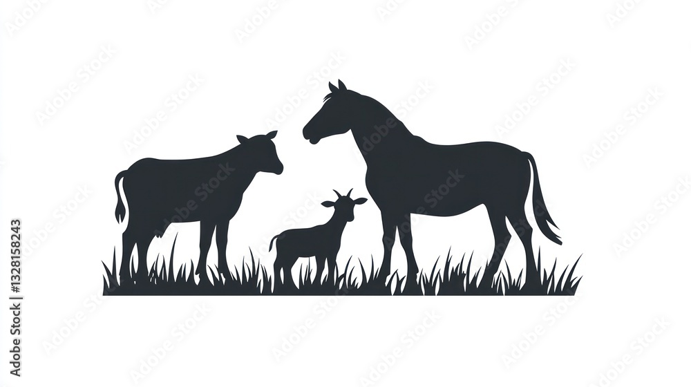 Farm animals silhouettes in a grassy field. Possible use educational material, children's book illustration Farm animals silhouettes in a grassy field. Possible use educational material, children's book illustration