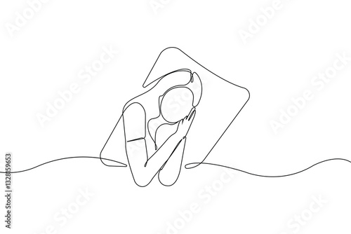 World sleep day concept line art drawing. Woman sleeping on bed continuous outline vector on white background.