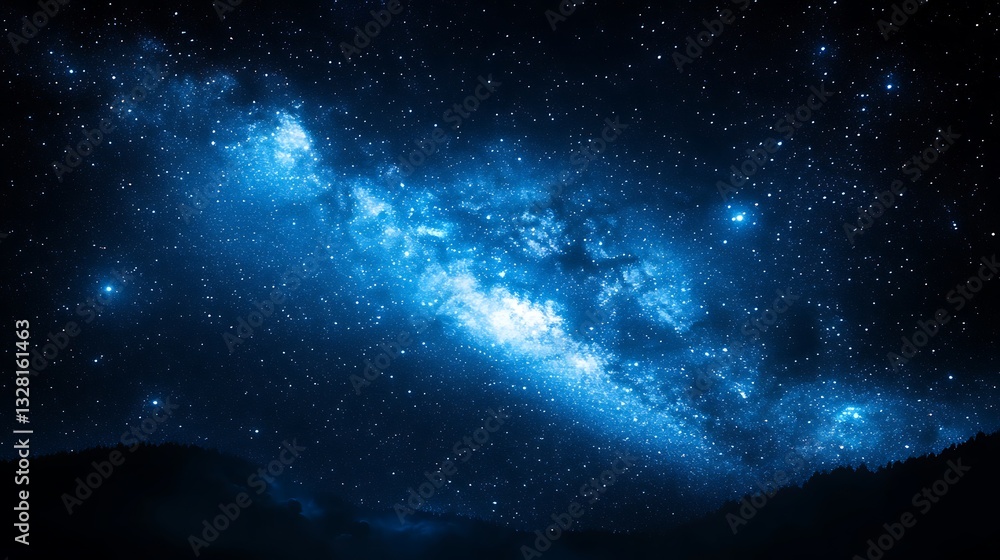 Naklejka premium Breathtaking Night Sky With Milky Way Galaxy Over Dark Hills, blue space view from earth with mountains in bottom