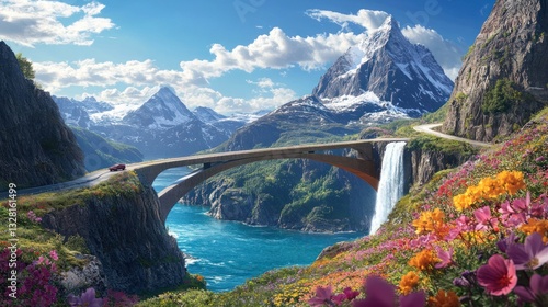 Scenic mountain road bridge waterfall flowers travel