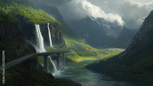 Scenic fjord highway waterfall mountains landscape, travel poster