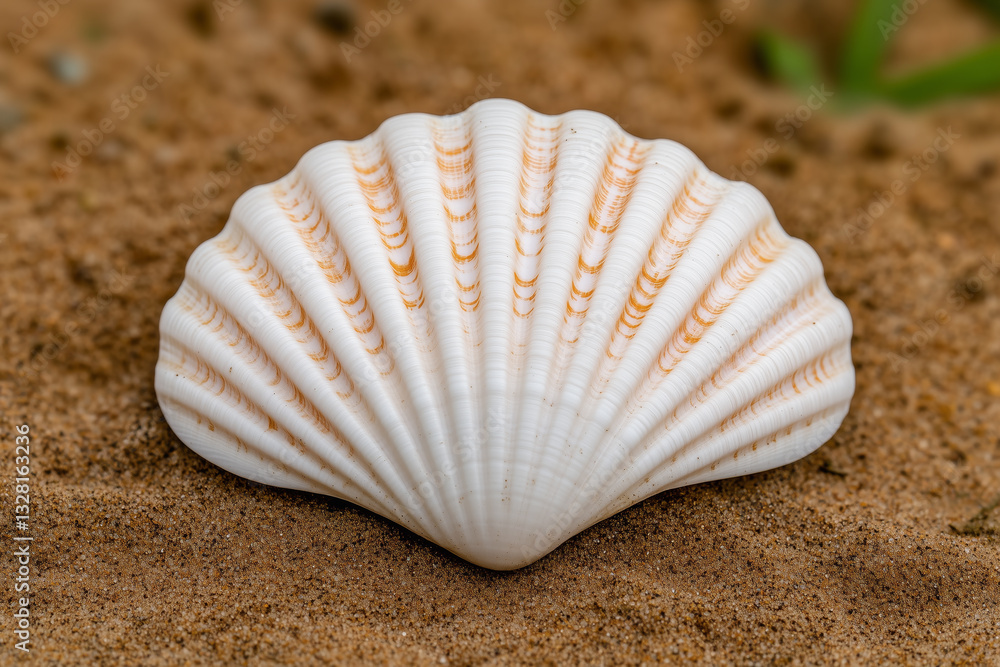 Beautiful white seashell with intricate ridges resting on golden sand, detailed close-up of a scallop shell found on a tropical beach Beautiful white seashell with intricate ridges resting on golden sand, detailed close-up of a scallop shell found on a tropical beach