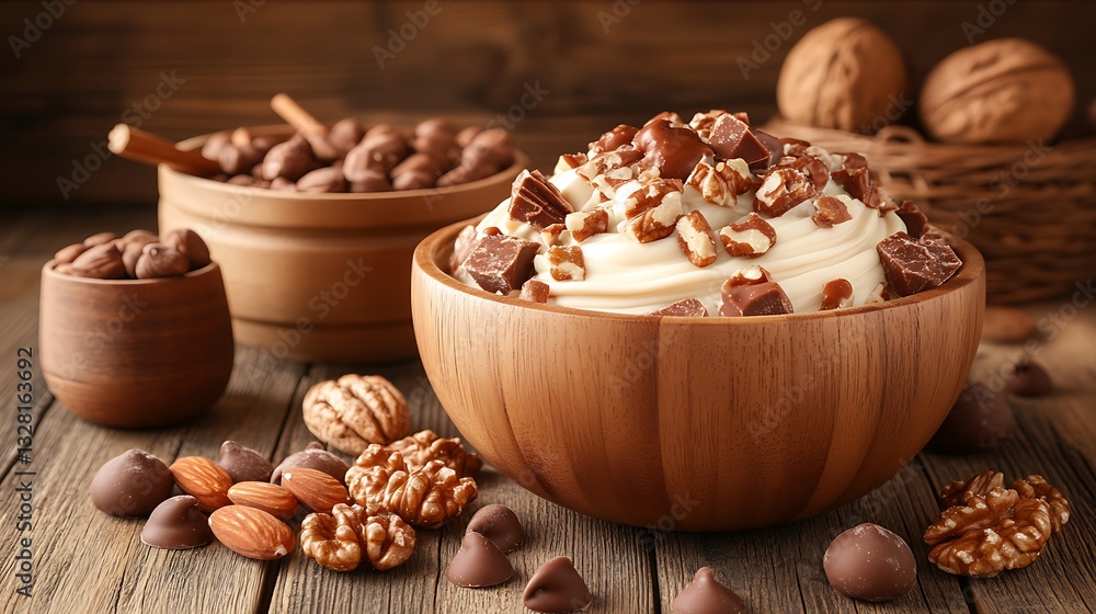 Creamy dessert with chocolate and nuts in wooden bowl. Creamy dessert with chocolate and nuts in wooden bowl.