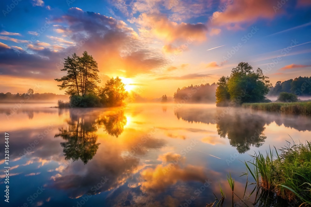 Obraz premium Misty Morning Lake Sunrise Reflection - Peaceful Serene Nature Scene