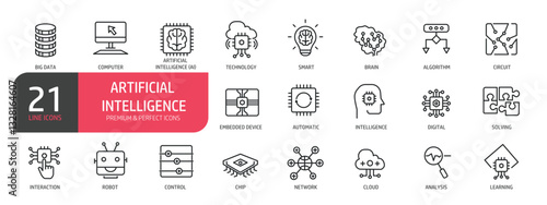 Set of line icons related to artificial intelligence, ai, machine learning, technology. Outline icons collection. Editable stroke. Vector illustration.