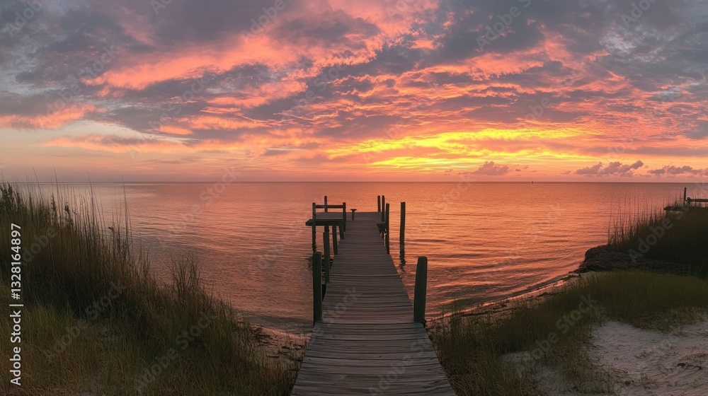 Fototapeta premium Coastal sunset over calm water, wooden pier, tranquil beach scene; perfect for travel brochures