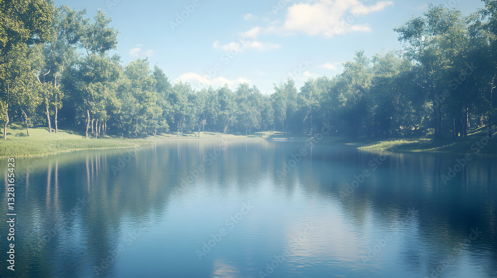 Serene Lake Reflecting Forest with Clear Blue Sky, Pure Tranquility in Untouched Nature Serene Lake Reflecting Forest with Clear Blue Sky, Pure Tranquility in Untouched Nature