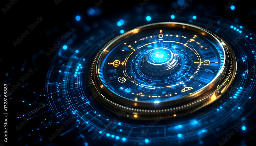 Futuristic circular interface with glowing blue and gold accents, intricate design elements, and a dark background Futuristic circular interface with glowing blue and gold accents, intricate design elements, and a dark background