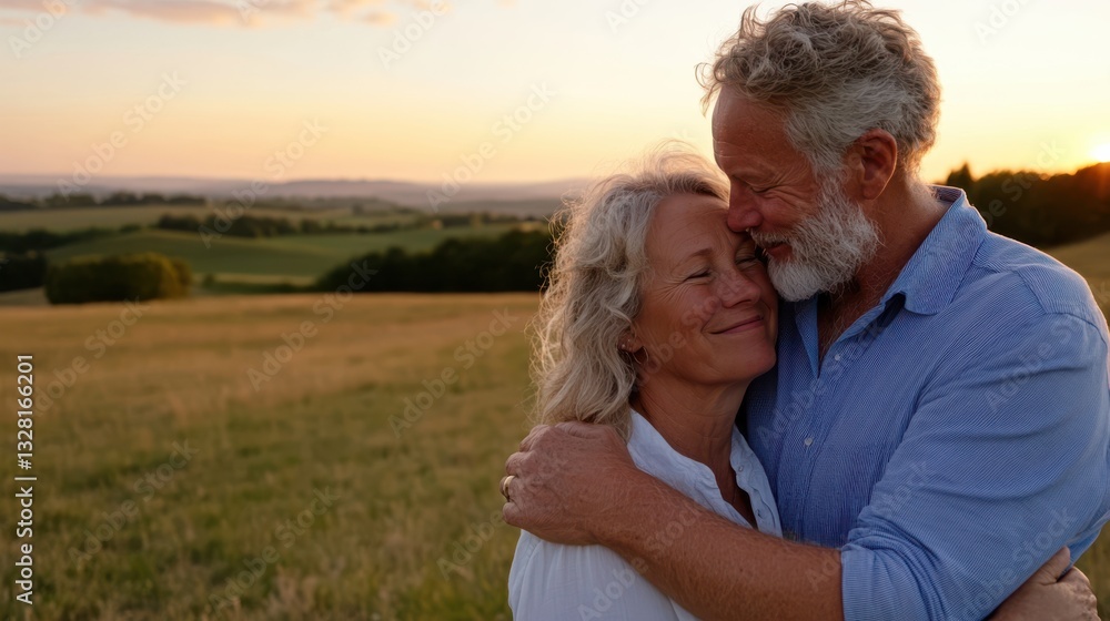 A senior couple embraces lovingly in a golden meadow at sunset, symbolizing lasting love and shared contentment. A senior couple embraces lovingly in a golden meadow at sunset, symbolizing lasting love and shared contentment.