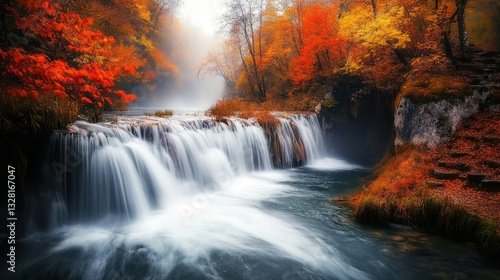 Autumn waterfall, misty forest, cascading water, scenic nature, tranquil background, ideal for calendars