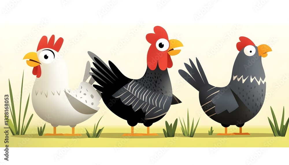 Fototapeta premium Cartoon Chicken Trio on Farm