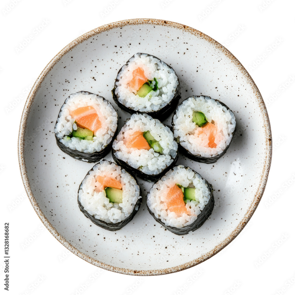 Delicious sushi roll with fresh salmon, rice, and vegetables on speckled plate Delicious sushi roll with fresh salmon, rice, and vegetables on speckled plate
