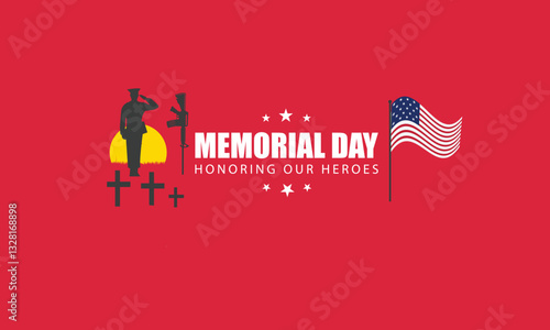Memorial Day tribute with soldier saluting, battlefield cross, and American flag on red background