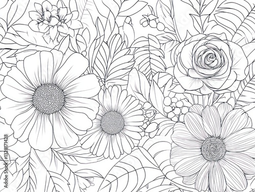Wallpaper Mural Line art floral bouquet, white background, seamless pattern, design Torontodigital.ca