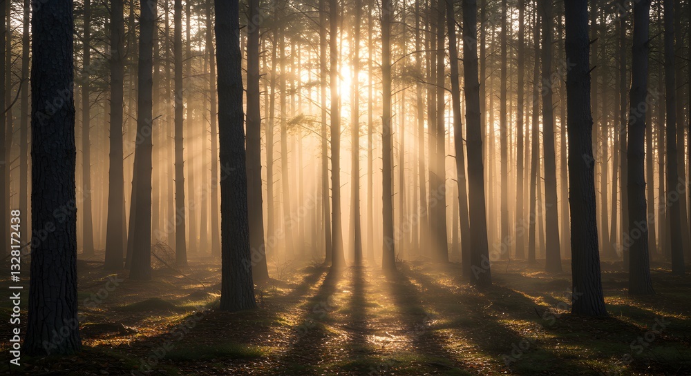 Naklejka premium Sunlight Streaming Through Misty Pine Forest in Early Morning