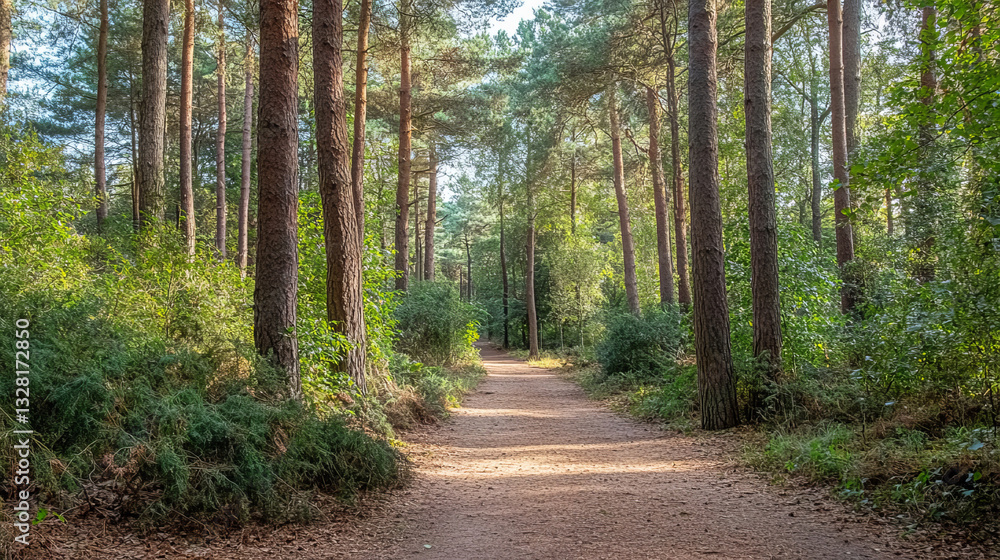 A forest path winds through towering trees with sunlight filtering through lush leaves, creating a magical woodland setting. The inviting trail offers a peaceful journey through nature. A forest path winds through towering trees with sunlight filtering through lush leaves, creating a magical woodland setting. The inviting trail offers a peaceful journey through nature.