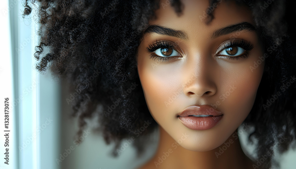 Close-up portrait of a young woman with dark skin and curly hair, intense gaze and subtle makeup Close-up portrait of a young woman with dark skin and curly hair, intense gaze and subtle makeup