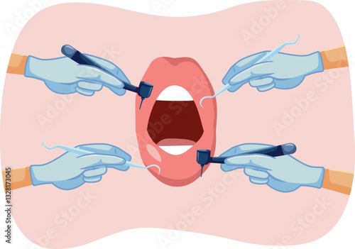 Mouth during a Dental Checkup Vector Cartoon illustration. Patient interested in cosmetic dentistry procedures for dental health
 