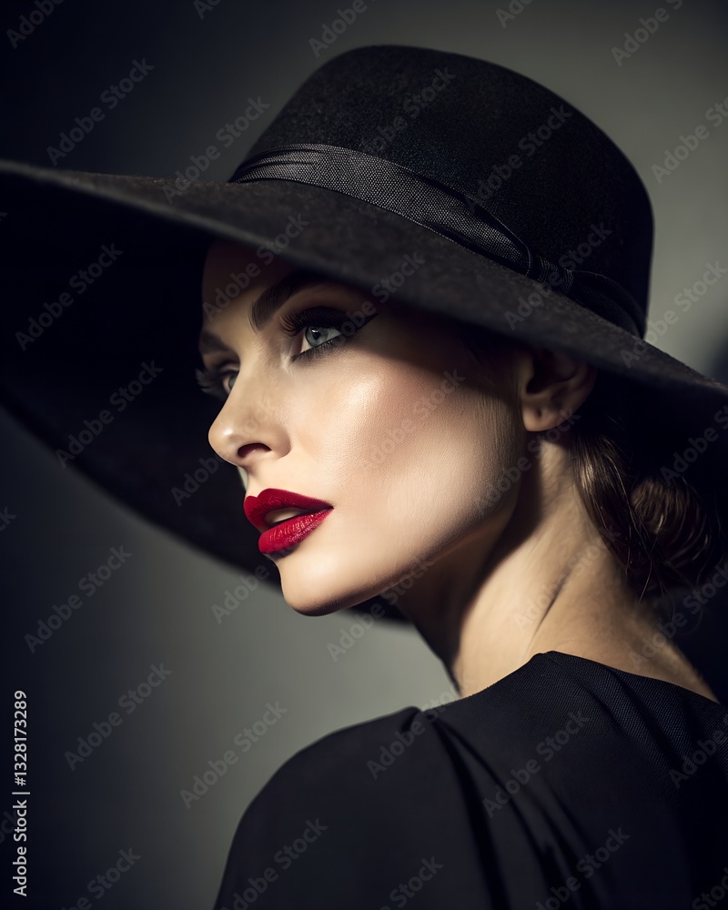 A mysterious woman with red lipstick wearing an elegant black hat, portrait photography, moody, dark background
A mysterious woman with red lipstick wearing an elegant black hat, portrait photography, moody, dark background