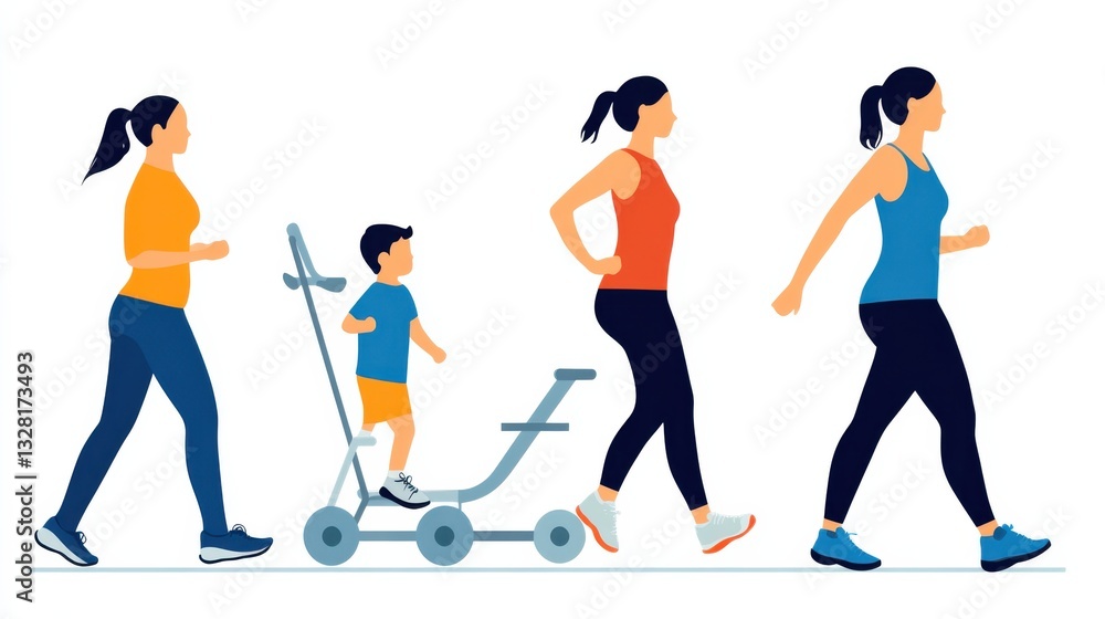 Illustrative scene of a mother with her child in a stroller, both exercising together, emphasizing family fitness and bonding in a playful environment. Illustrative scene of a mother with her child in a stroller, both exercising together, emphasizing family fitness and bonding in a playful environment.