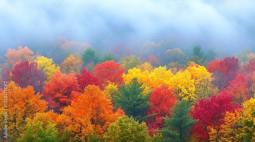 Misty autumn forest with vibrant fall foliage. Misty autumn forest with vibrant fall foliage.